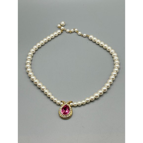Signed Marvella Pearls Necklace with Pink Stone & Rhinestones Accents Gold Tone - Picture 6 of 12